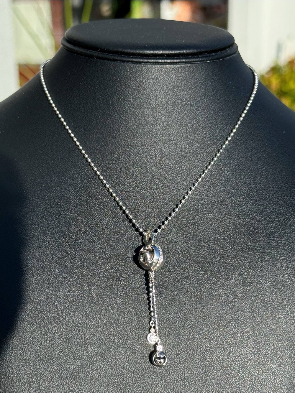Gucci 18k white solid gold ball necklace chain w GG ball natural diamond 0.25CTW